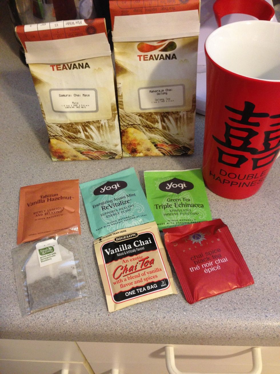 Gather your tea. As you can see, there are so many types. I really like the yogi brand. Also, places like teavana sells loose tea.