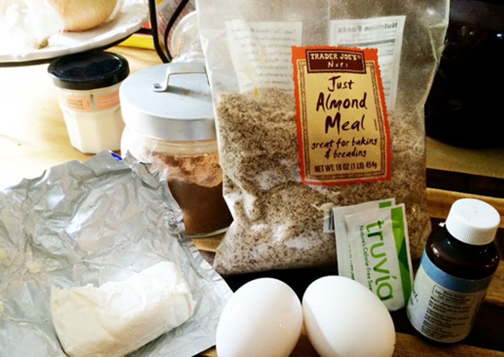 Gather your troops. In this case your troops are almond flour, eggs, cream cheese, sweetener (I love truvia), vanilla and cinnamon.