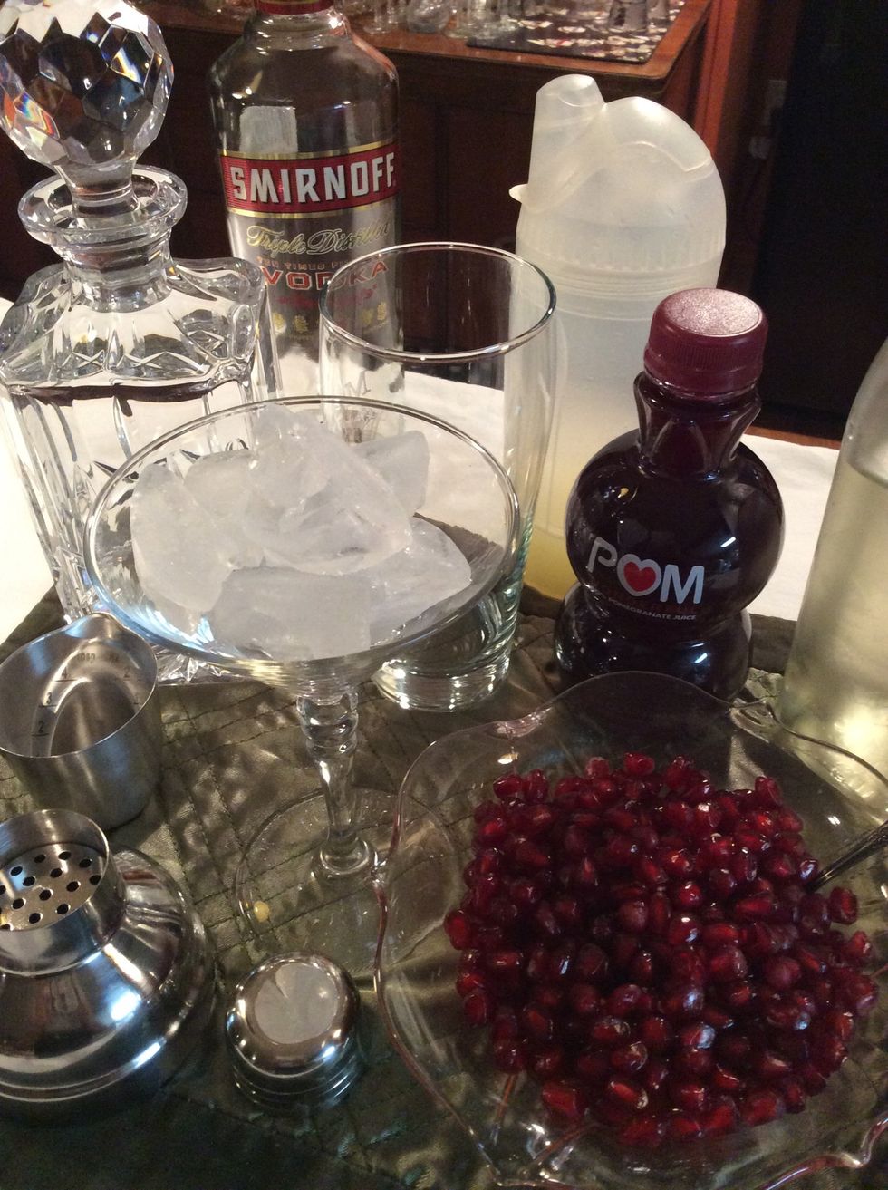 Gathered ingredients; Vodka, Pom juice, simple syrup, fresh squeezed lime juice, fresh separated pomegranate seeds and a chilling martini glass.