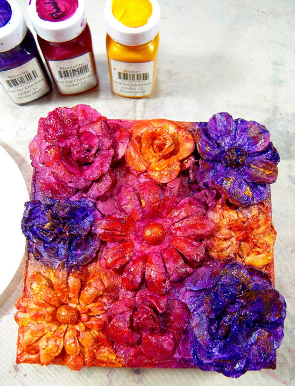 Gemstones are the perfect finishing touch to add some bling to the flowers.  Add touches of Amber to the orange flowers, Rhodolite to the pink and Fluorite to the purple.