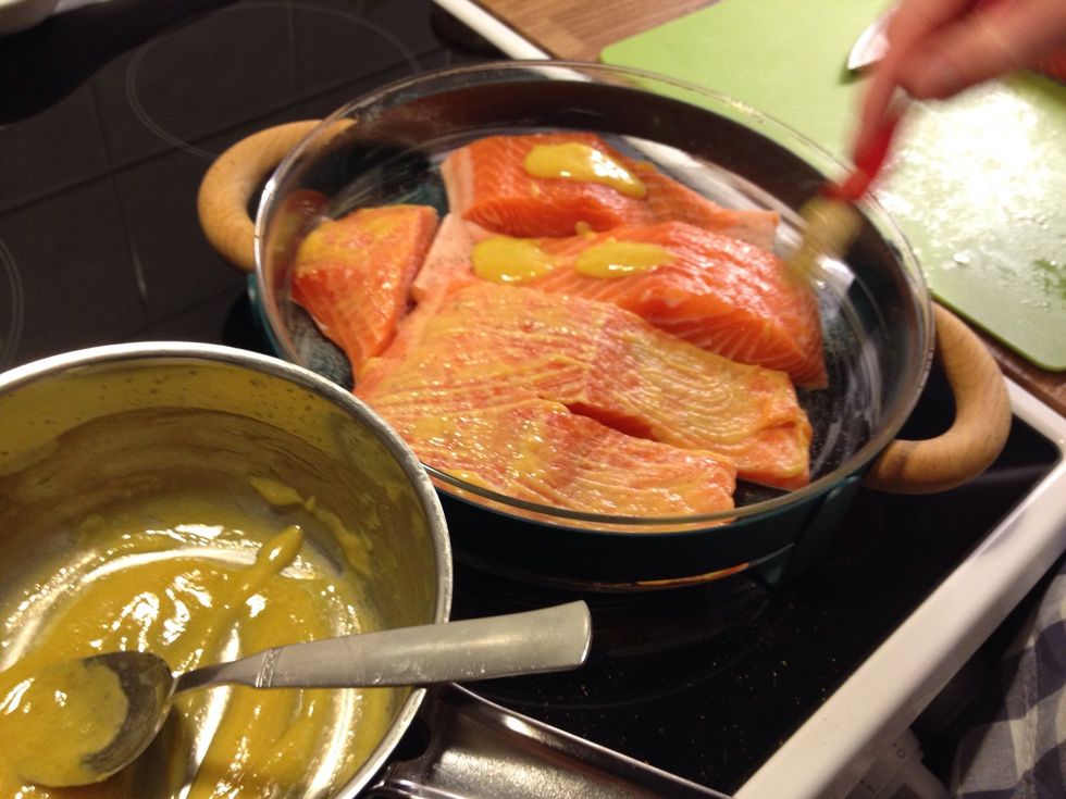 Generously coat the fillets with the mustard mix.