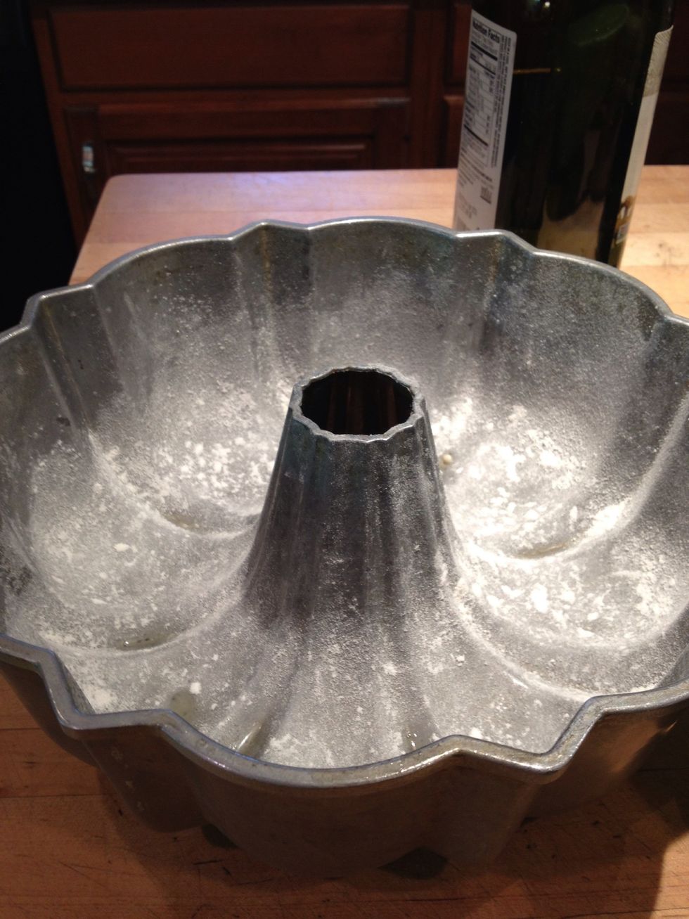 Generously grease and flour a 10" Bundt pan, including center tube. I used no stick cooking spray and the cake slid out beautifully.