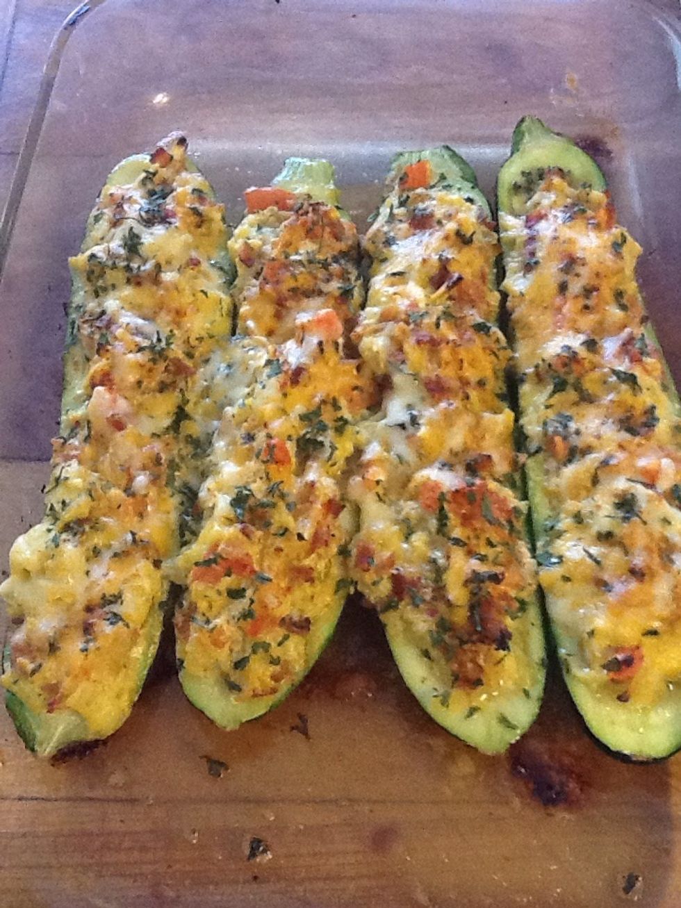 Generously "stuff" your boats with the filling and bake in the oven at 375 for about 30-45 minutes. Till tops are a bit browned and bubbly.