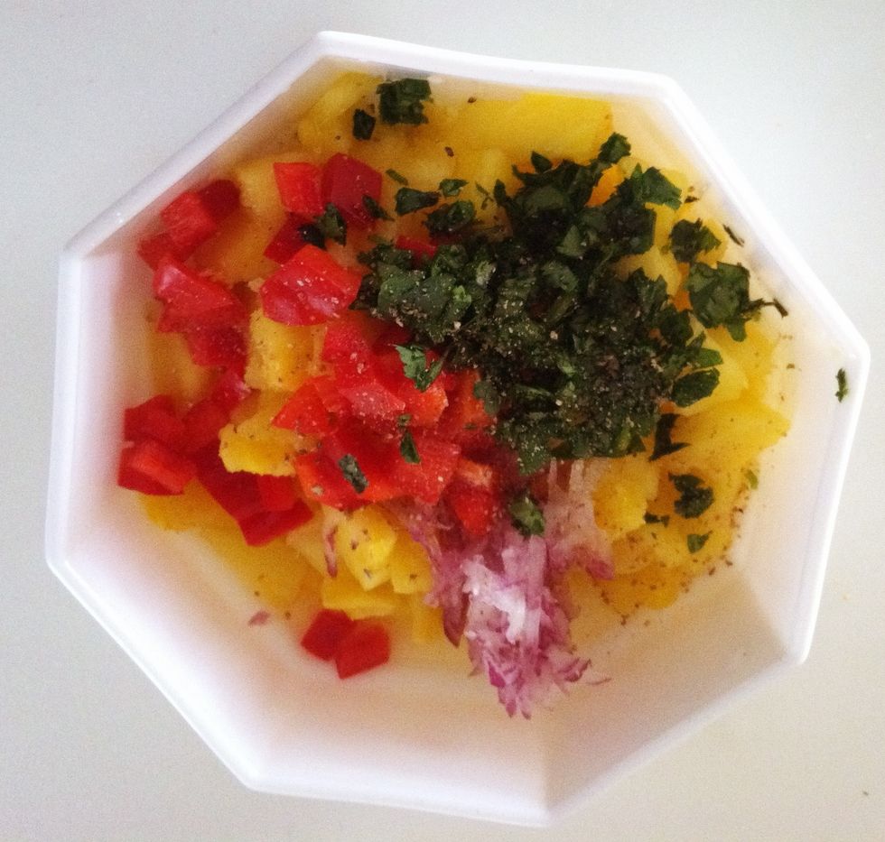 Gently add all ingredients together.