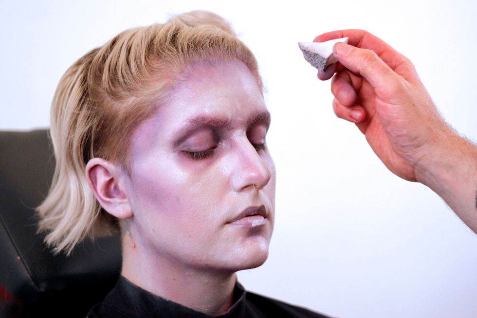 Gently blend in with a broken sponge. Again, being careful to not remove layers of makeup.