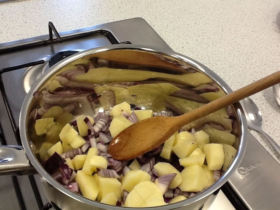 Gently cook the onions and the potatoes for 5 minutes