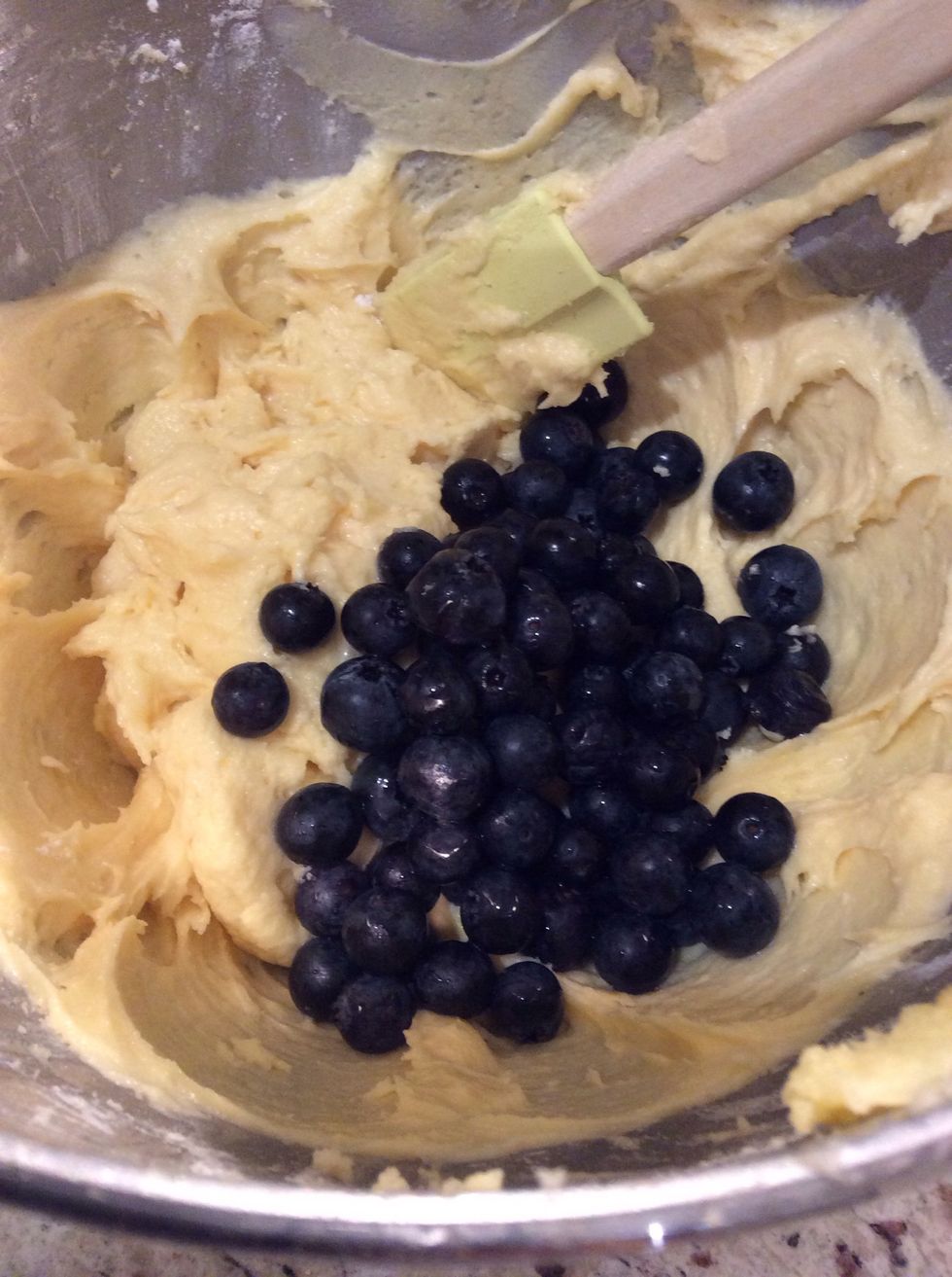 Gently fold the blueberries through your mixture with a spatula (2-3 minutes)