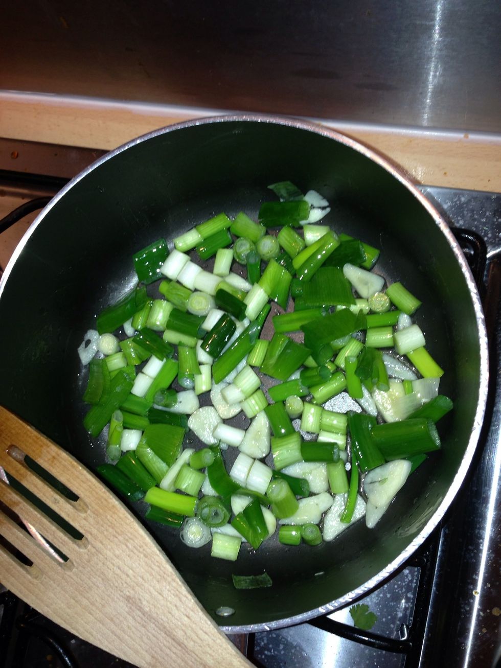 Gently fry the spring onions and garlic in a splash of oil for about 3 mins til soft