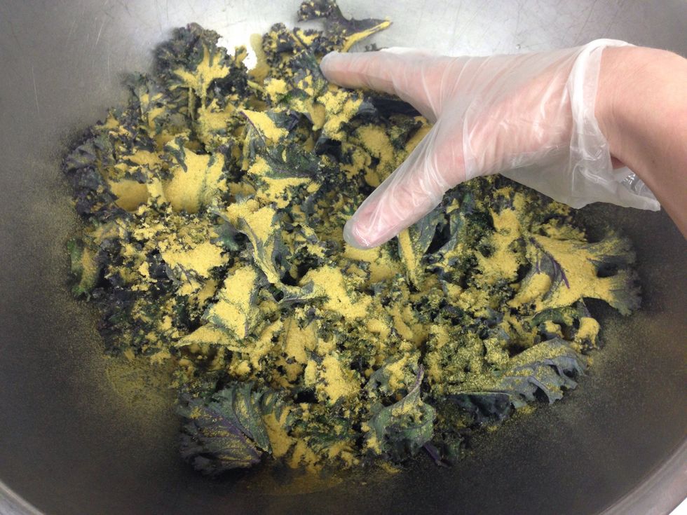 Gently, mix kale chips until all ingredients are evenly distributed.