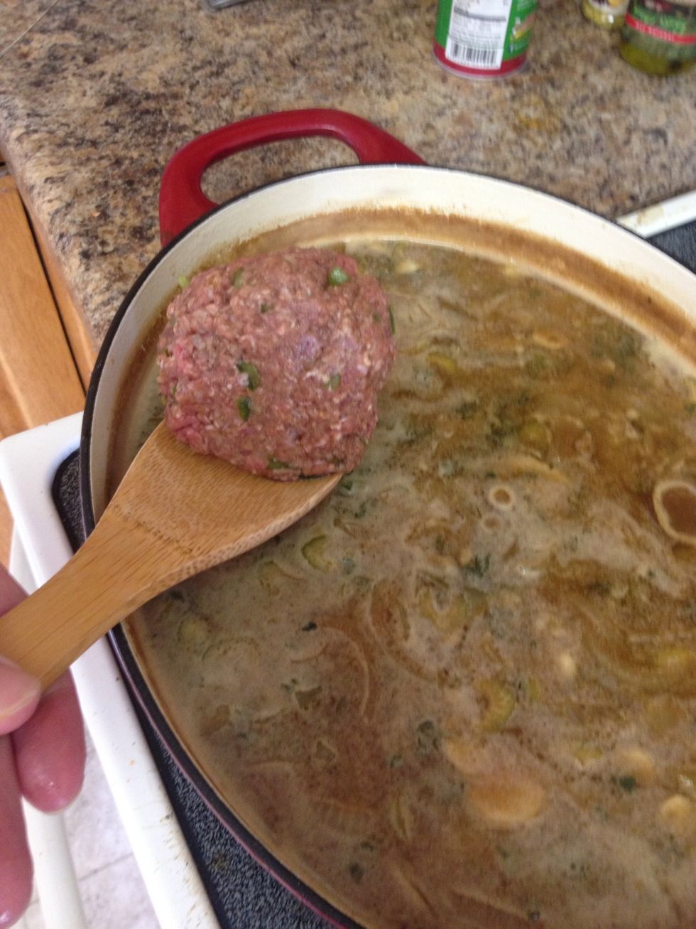 Gently. Place into stew. Wait for it to return to a simmer. DO NOT STIR. You do not want to break your meatballs up.