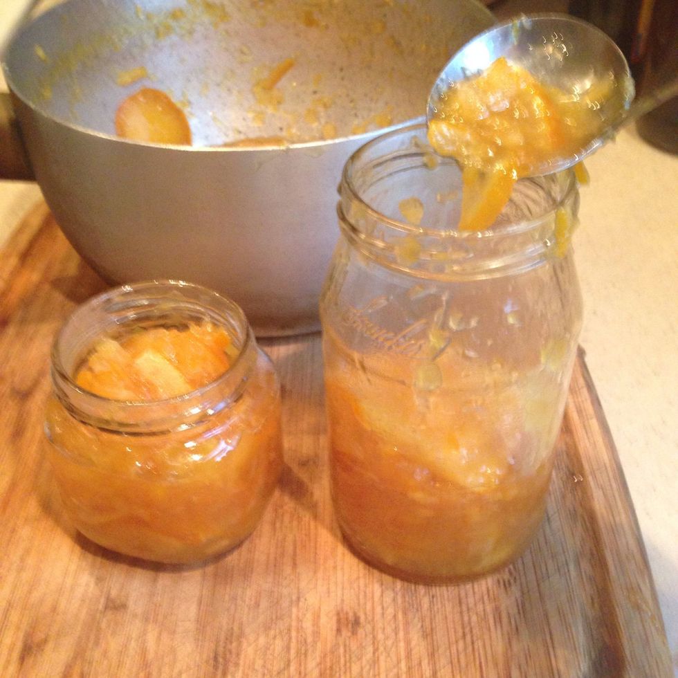 Gently pour the marmalade into 2 or 3 jars (this depends on the size of the jars).