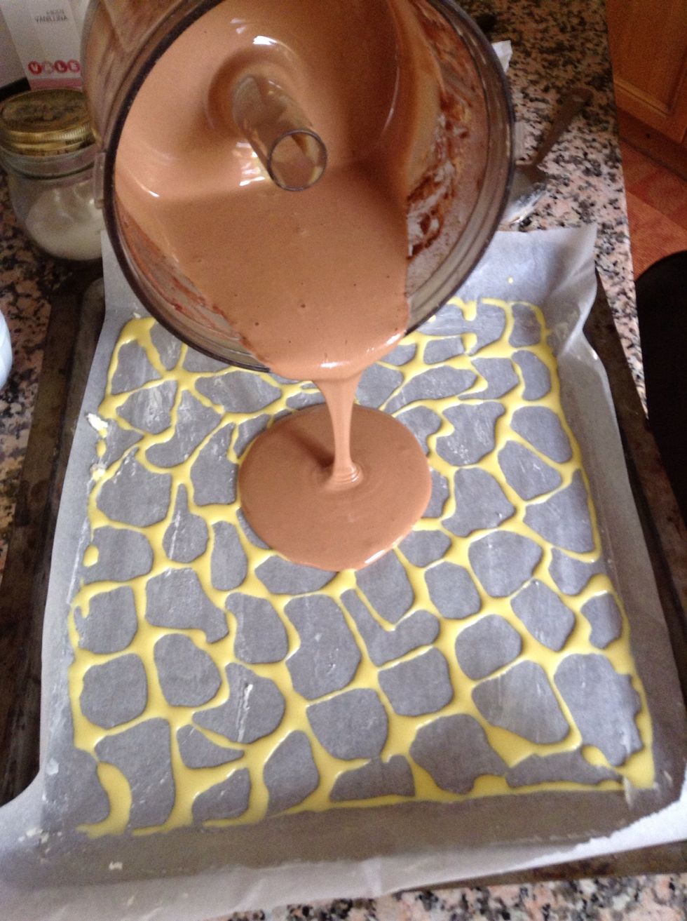 Gently pour you cocoa mixture over the pattern.