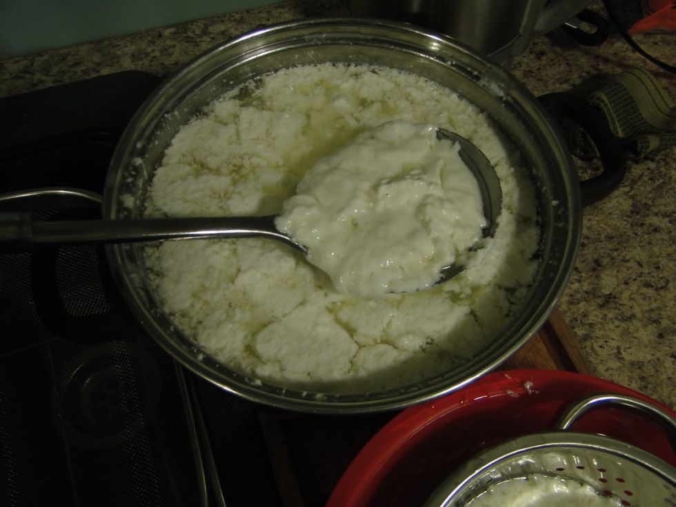 Gently remove curds with a slotted spoon and drain through cheesecloth or in a colander to remove as much liquid as possible.