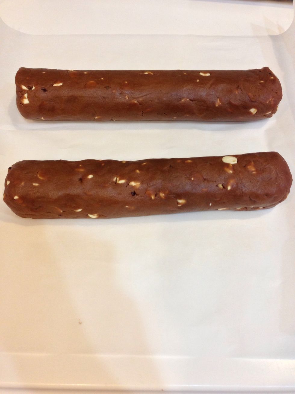 Gently roll your dough into logs. The wider the log, the larger your cookie will be.