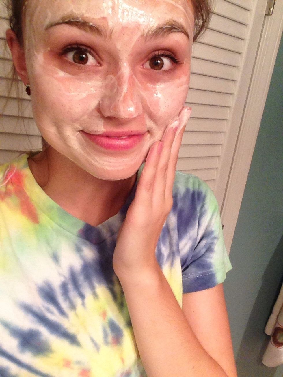Gently rub onto face (neck and chest) in a circular motion for about two minutes. Let it sit on skin for 10-15 minutes. It should thicken up.