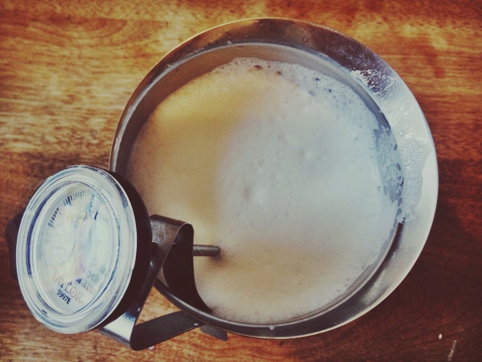 Gently tap bottom of pitcher onto a hard surface. This will pop any foam bubbles you may have and knock the excess air out of your foam. Leaving you with velvety goodness.