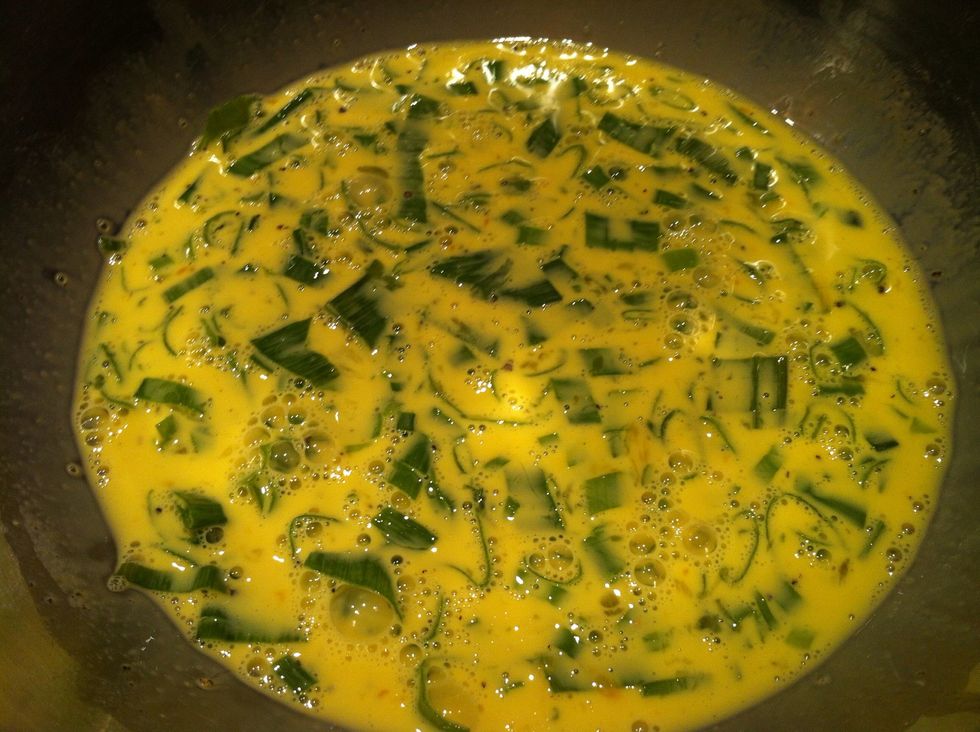 Gently whisk egg and milk. Season with salt & pepper. Finally add the spring onions and stir through.