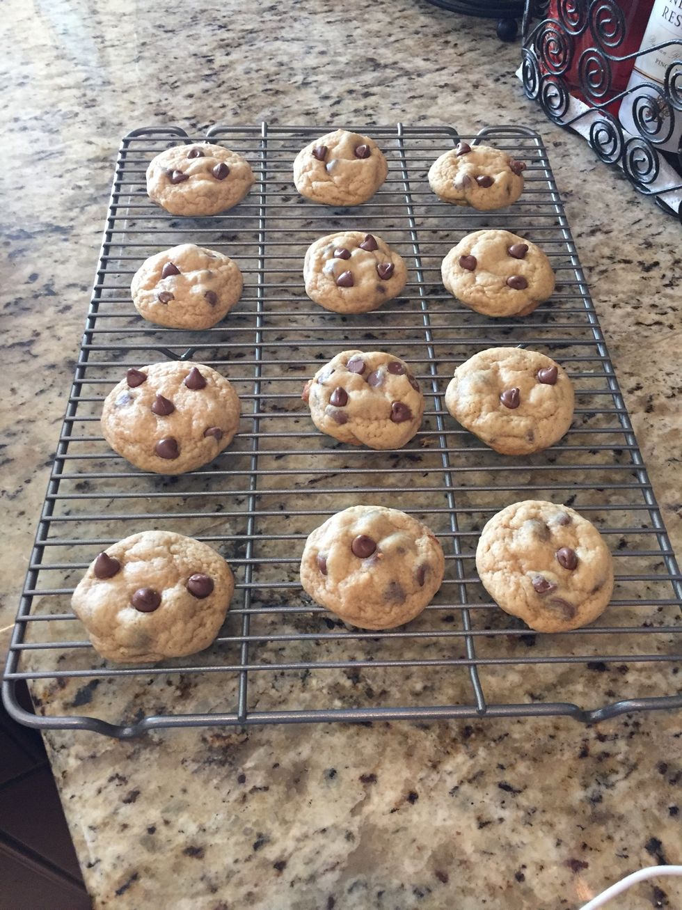 Gently with your spatula place them on a cooling rack for 20-30 mins. Try not to get tempted to eat them, because 1. There still cooling and 2. They need time to harden