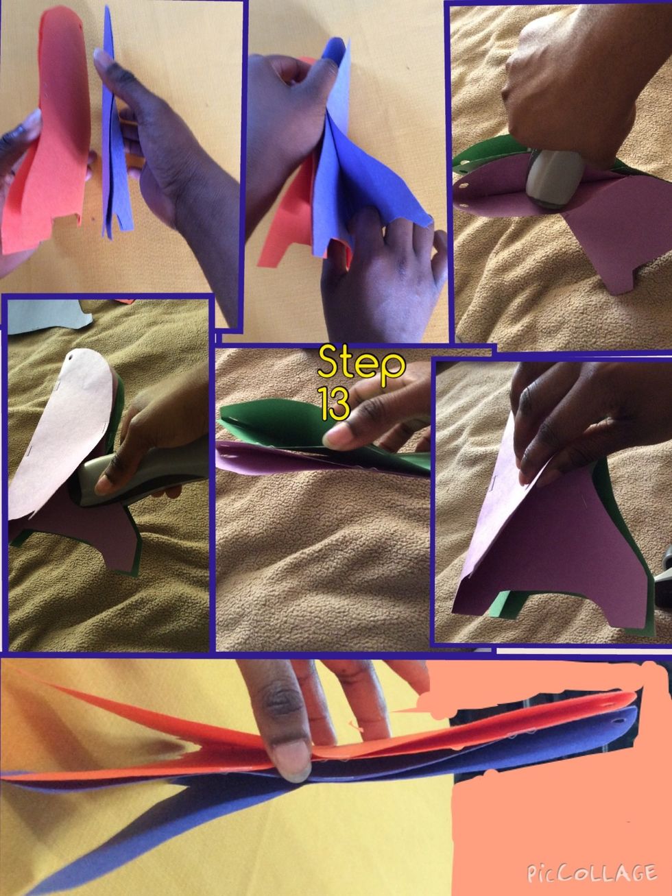 Get 2 ornament papers and put them side by side.Look at the ornament  pieces, they are folded in half's.Staple the half's that are touching ,one on the curved arch and one on the bottom arch.