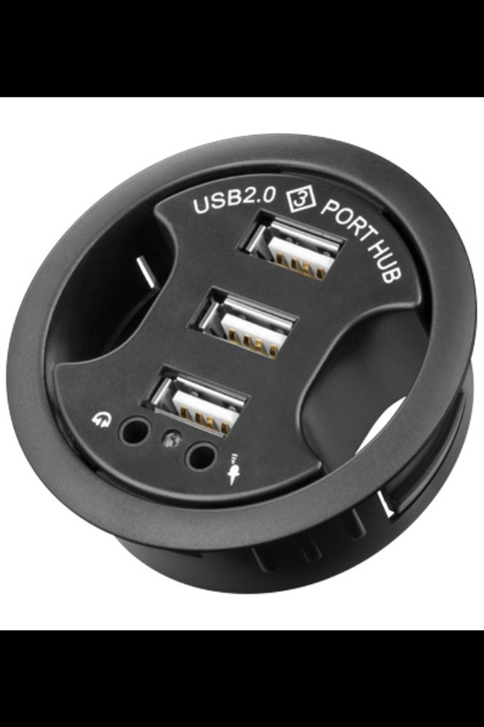 Get a cable hole from eBay. I got this one with a three-port USB hub, which is quite handy.