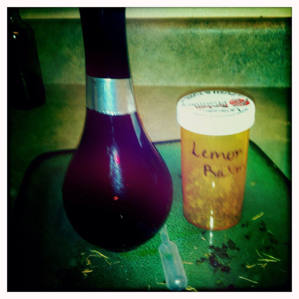 Get a labeled glass bottle and the herb. Use funnel to put herb in bottle (amount is up to you, I start around 1/4 of oz). Then pour enough everclear (my preference) in to completely cover the herb.