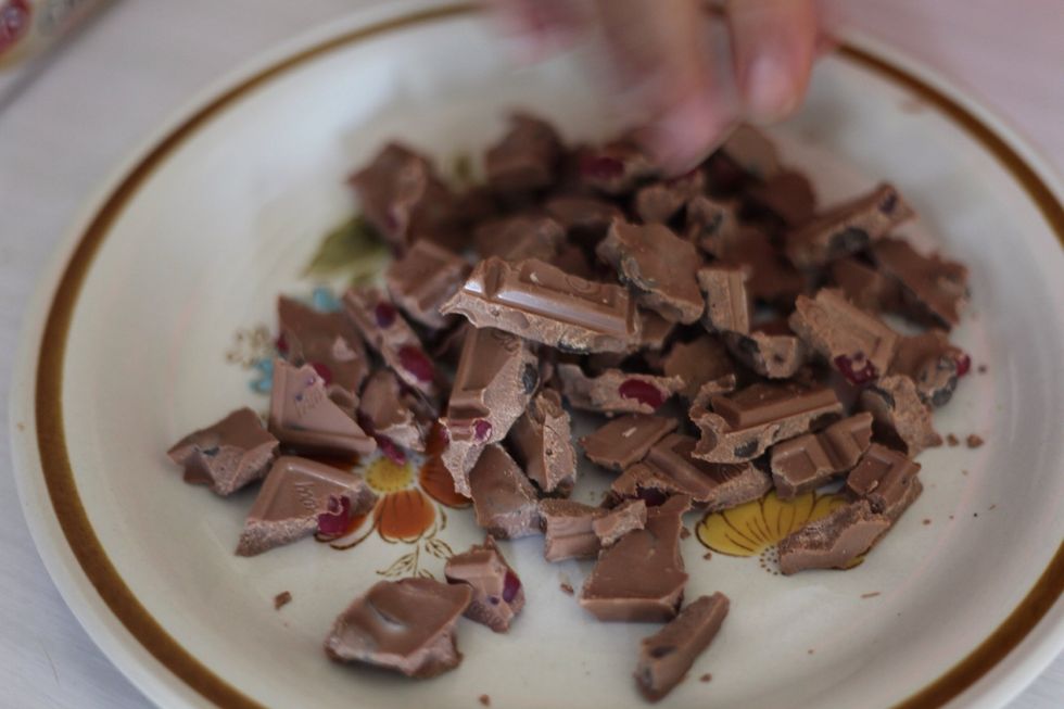 Get a large block of your favourite chocolate. We used a 250 gram block of Cadburys Black Forest. Break into chunks. Well if calculate the pieces that accidentally went missing .... Never mind.. Lol.