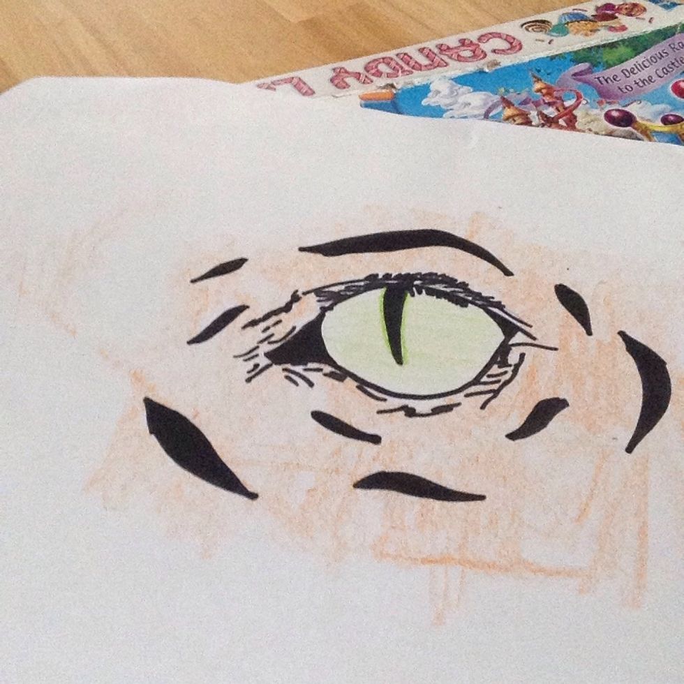 Get a light green and color lightly in the eye then down the slit Color the sides darker