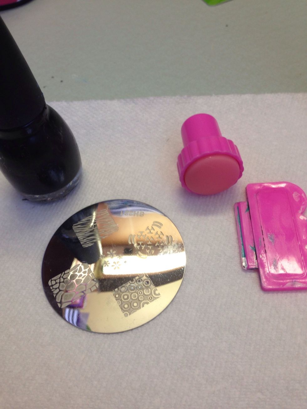 Get a nail stamping kit. You can find them in beauty stores, Walmart or online. I get all my image plates really cheap on amazon. For your stamping color, try to pick something that contrasts the base