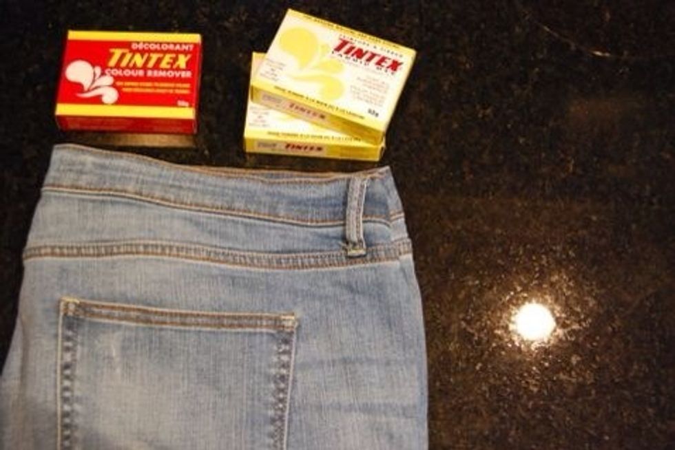 Get a pair of Jeans you LOVE the fit of... Purchase Bleach, Color Remover, and Fabric Dye all from your local Dollar Store.