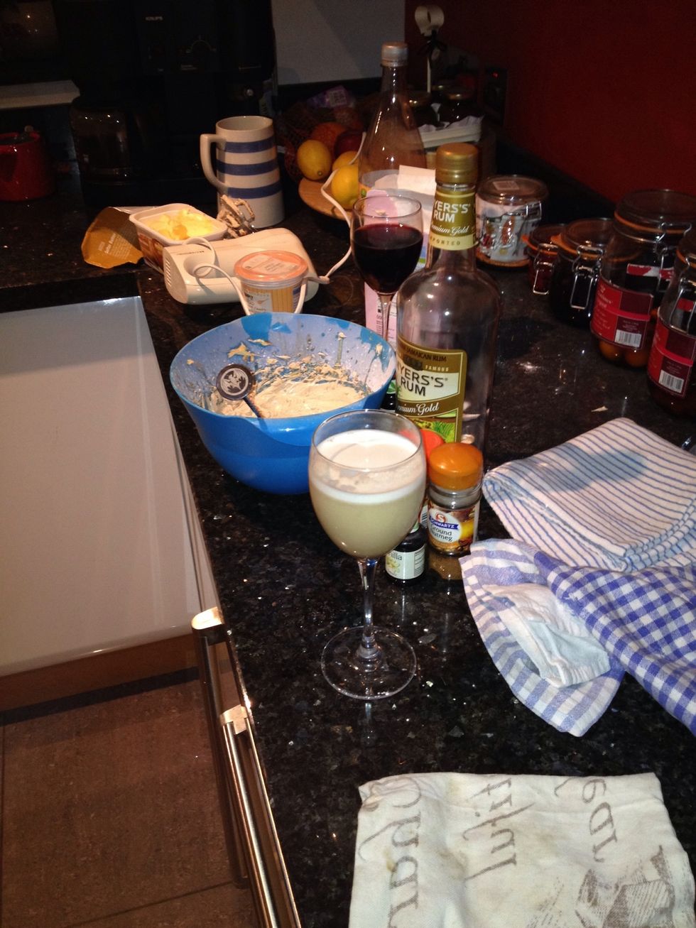 Get a stemmed glass add 3 generous teaspoons of your batter, 35ml of your rum of choice, and some boiling water. Stir till smooth. Leave a little room for cream on top.