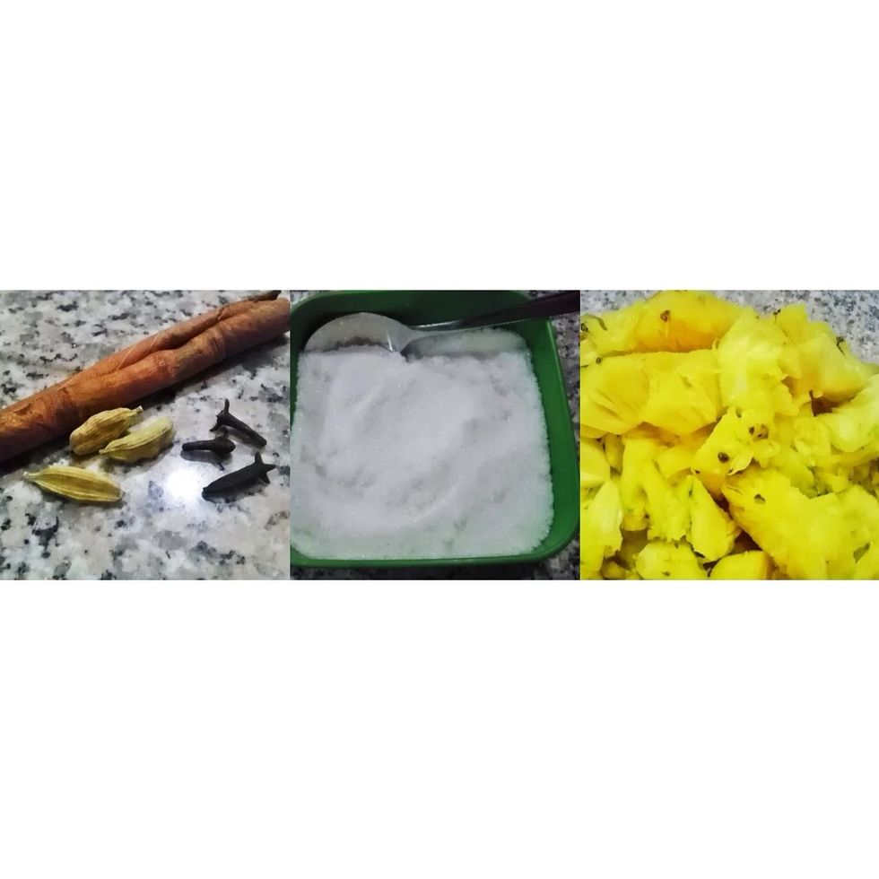 Get all the ingredient ready, for this I have excluded the part where i cut the pineapple cause i forgot to record it. But please to clean the pineapple very well and cut it into chunks.