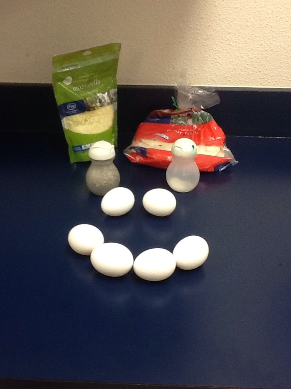 Get all the ingredients. The amount of burritos you want to make depends on the amount if ingredients you use. 6-14 eggs, salt + pepper! cheese, and tortillas.