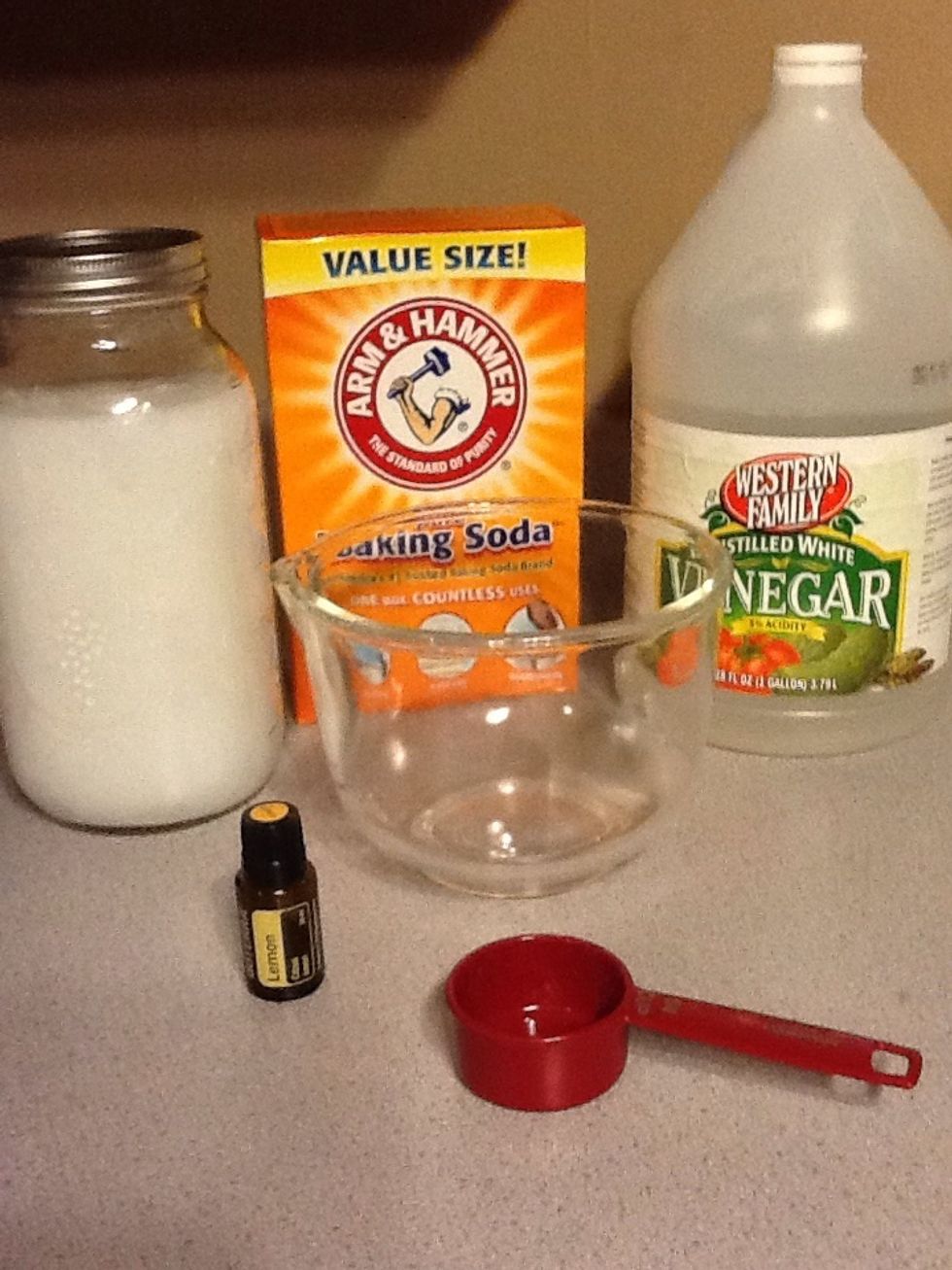 Get all your ingredients together and a mixing bowl. I just happened to have an empty dish soap bottle so I used that to put the mixture in when I was all done.
