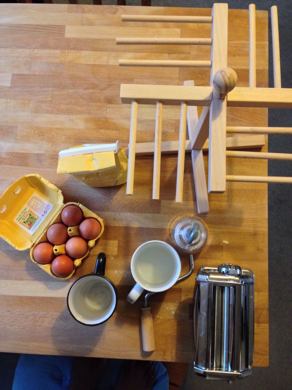 Get all your ingredients together and have a clean working space. Have a cup of hot and cold water at the ready for kneading.