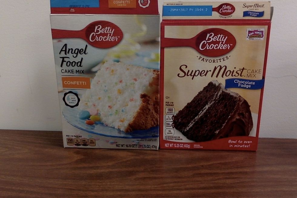 Get Angel Food cake Mix and Chocolate Cake Mix.