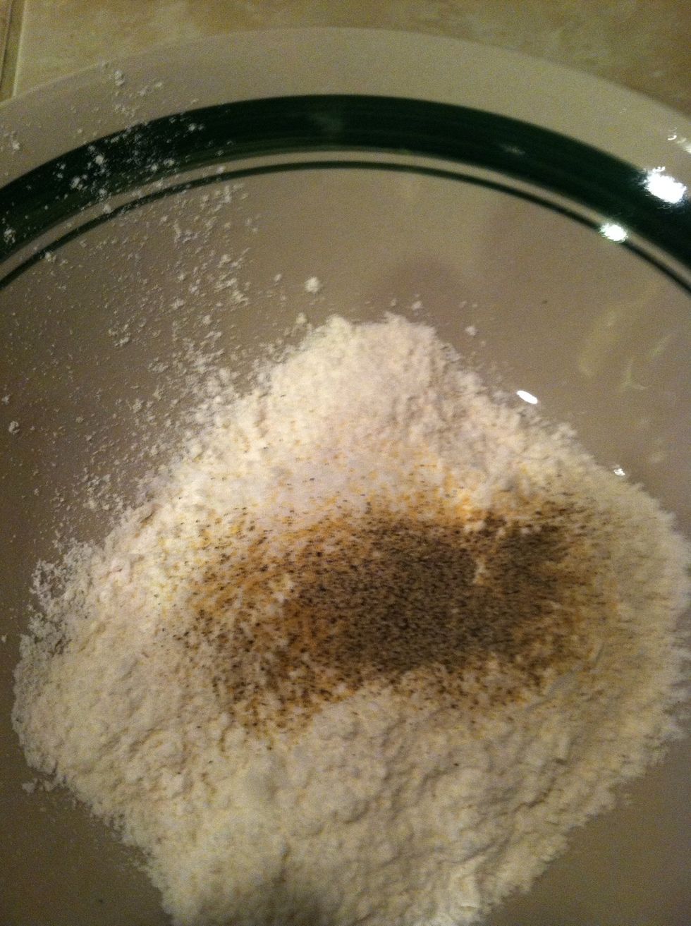 Get another bowl and add your flour, (I used all purpose flour) salt to taste, black pepper, and garlic powder. U can season it any way u like sometimes I add a little paprika and cayenne pepper.mix