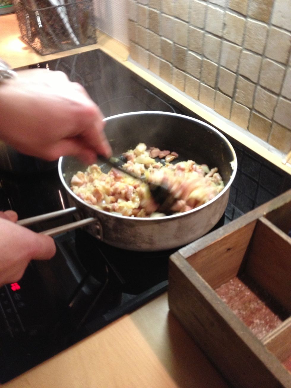 Get bacon and onions in a pan and roast it :)