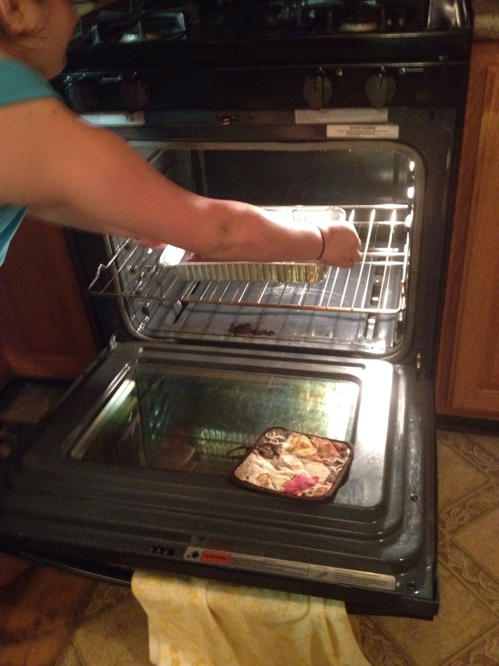 Get brownies in oven at 350 degrees Fahrenheit.