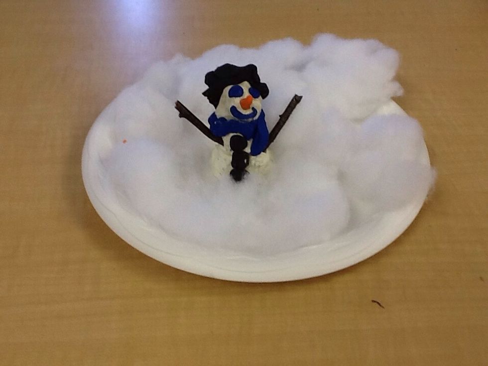 Get cotton balls and a plate, then you put the snowman on the plate.