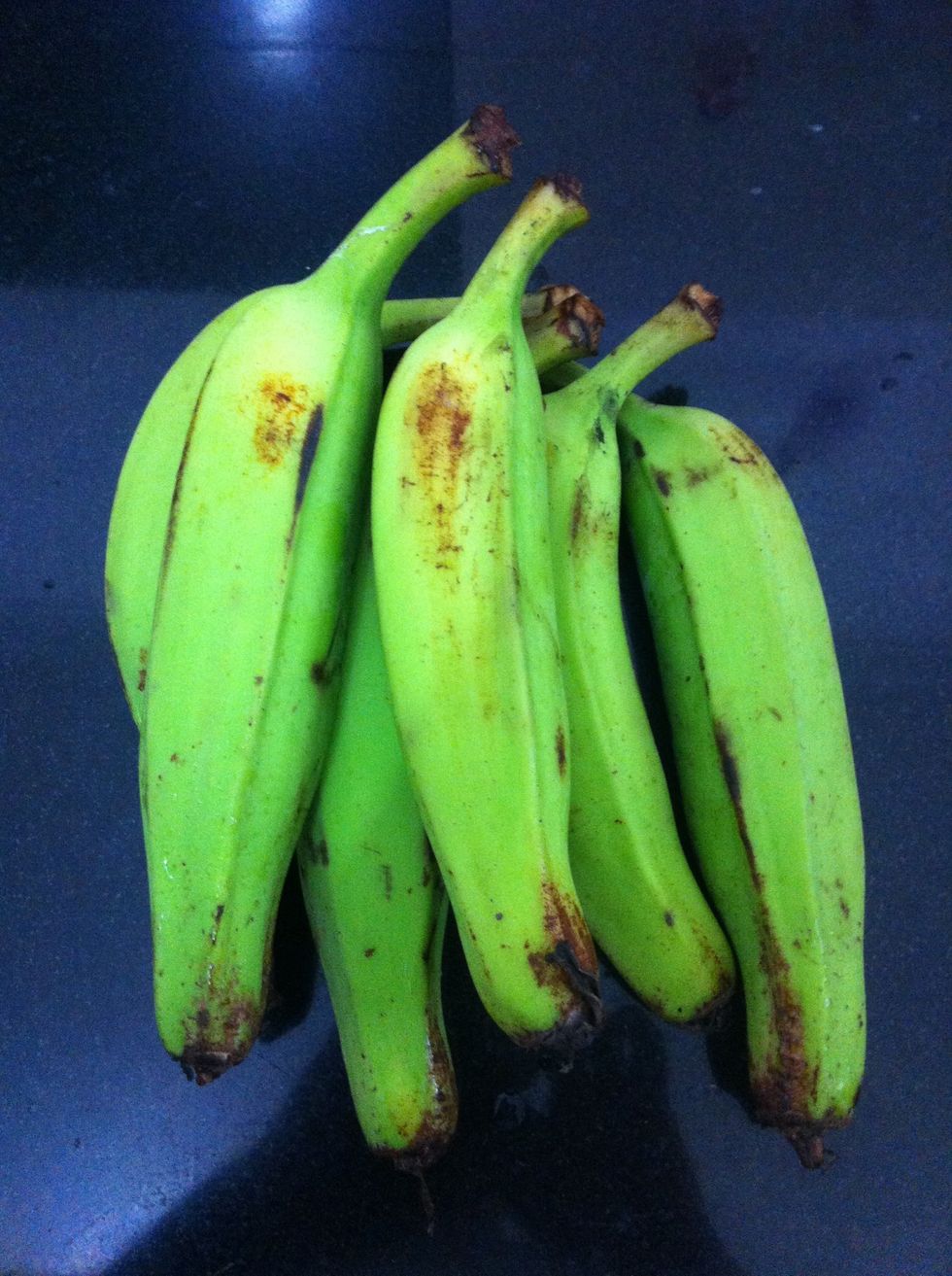 Get fresh raw plantains. Ripe ones can also be used, if you use ripe plantains the chips will have a sweet tang