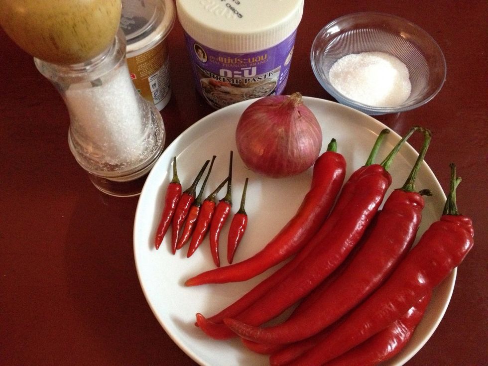 Get ingredients prepared as listed. Next photo shows dried chillies soaking in hot sugared water (This is to soak up water faster). Please check supplies list for other preparations.