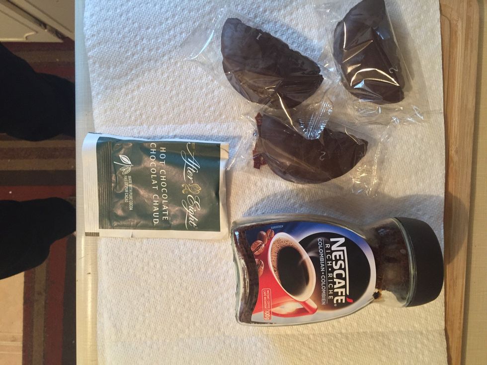 Get ingredients ready (hot chocolate is optional, but that's what makes it a caf\u00e9 mocha!) I used three Jos Louis and Nescaf\u00e9 instant Colombian coffee