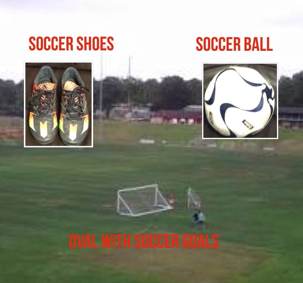 Get one pair if soccer shoes, one soccer ball and one oval with soccer goals.