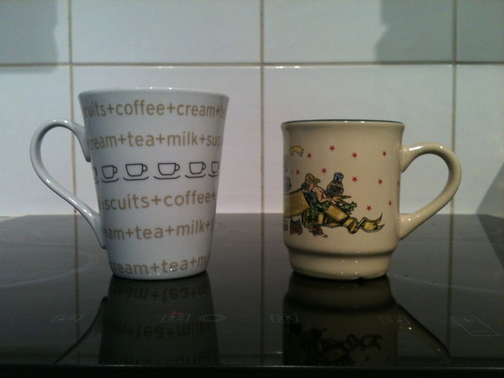 Get out 2 mugs. Make sure the smaller one is for adding the ingredients only!