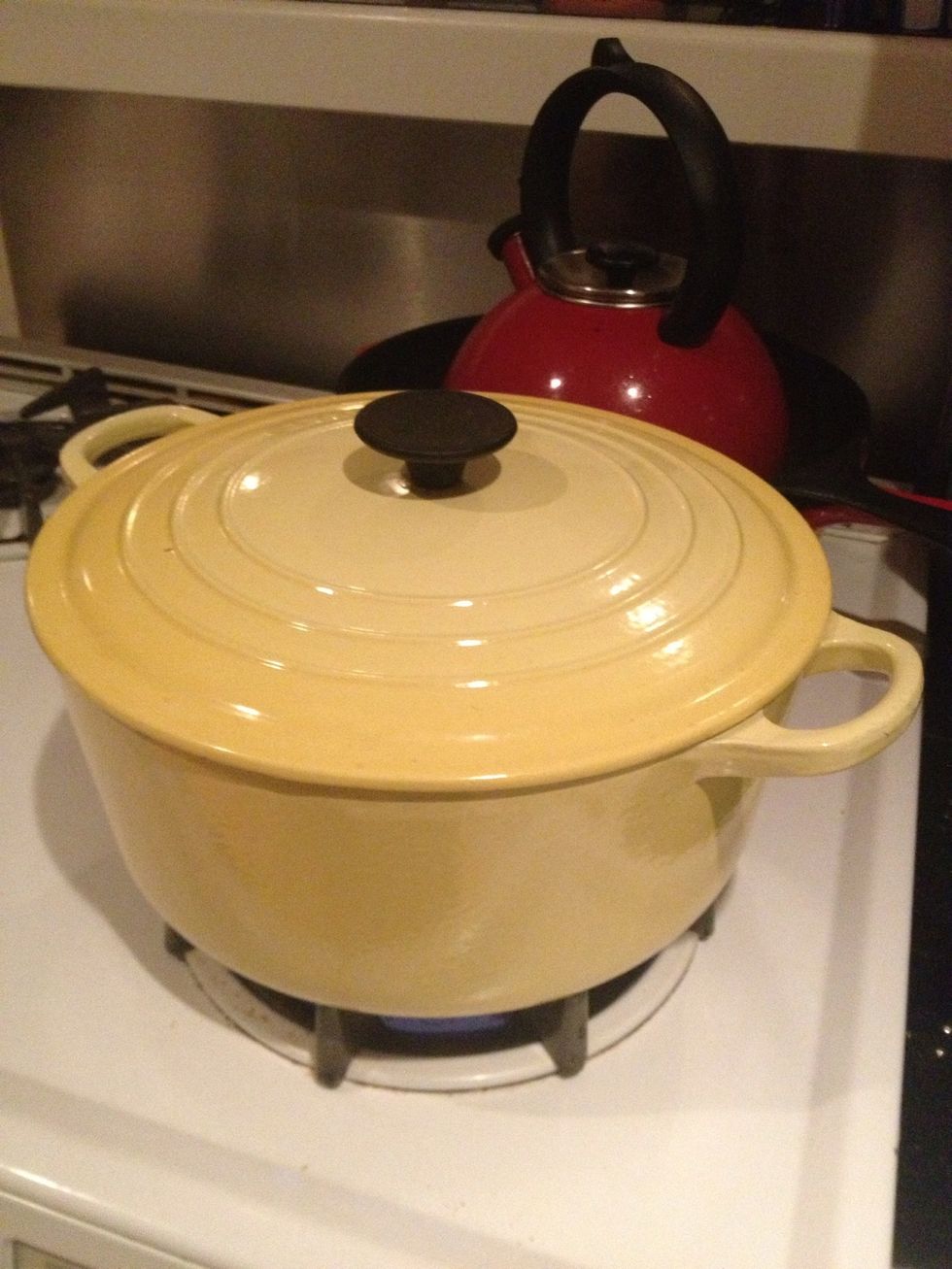 Get out a big 8 quart pot.  Note: this will burn the bottom of your pot and not be easy to get off. I use Barkeepers Friend with a little water and let it sit overnight.