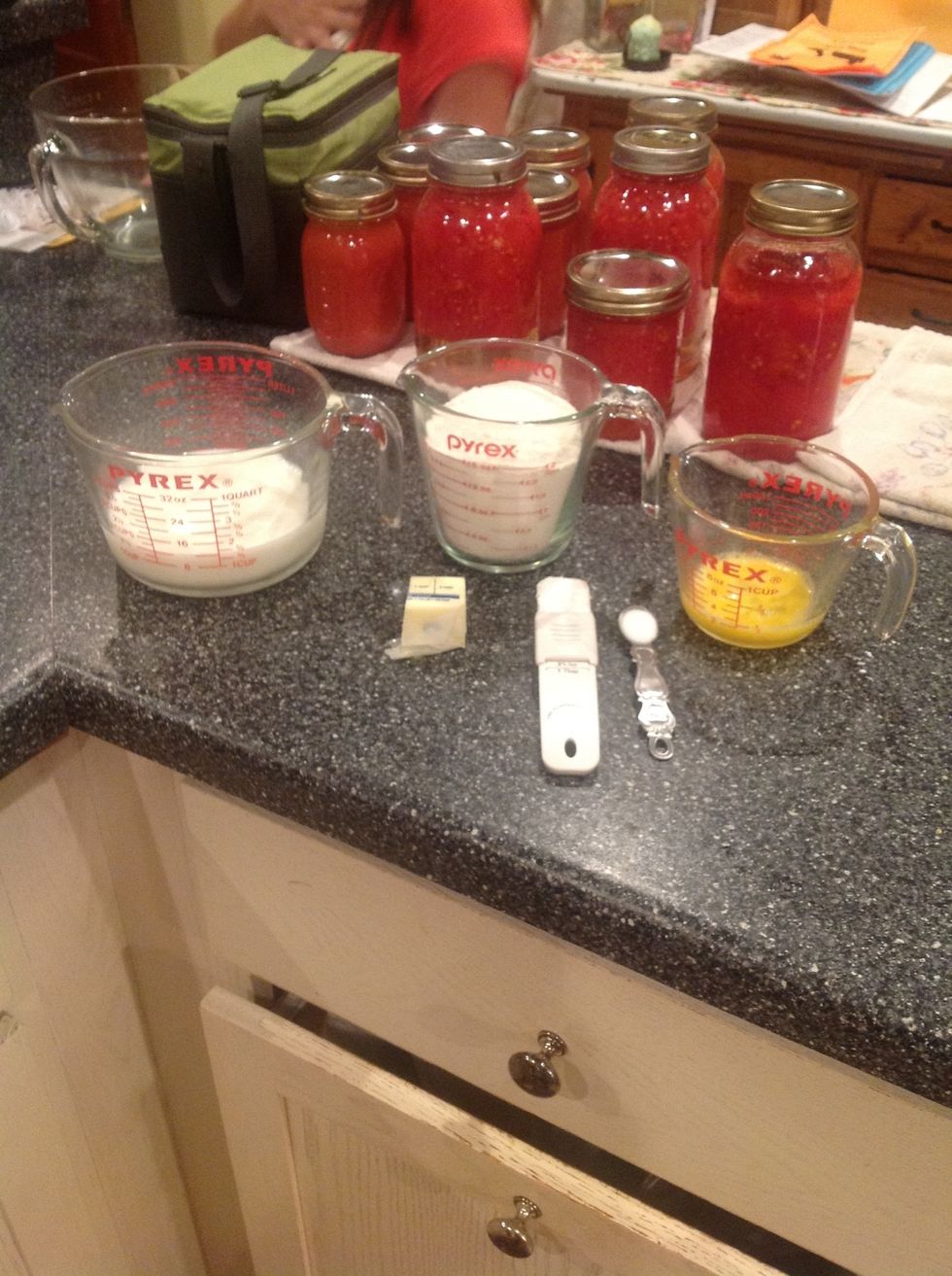 Get out and measure 2 cups of all purpose flour, 2 1/2 tsp of baking powder,1/2 tsp of salt, 1 egg beaten lightly and 2 tbsp of butter.