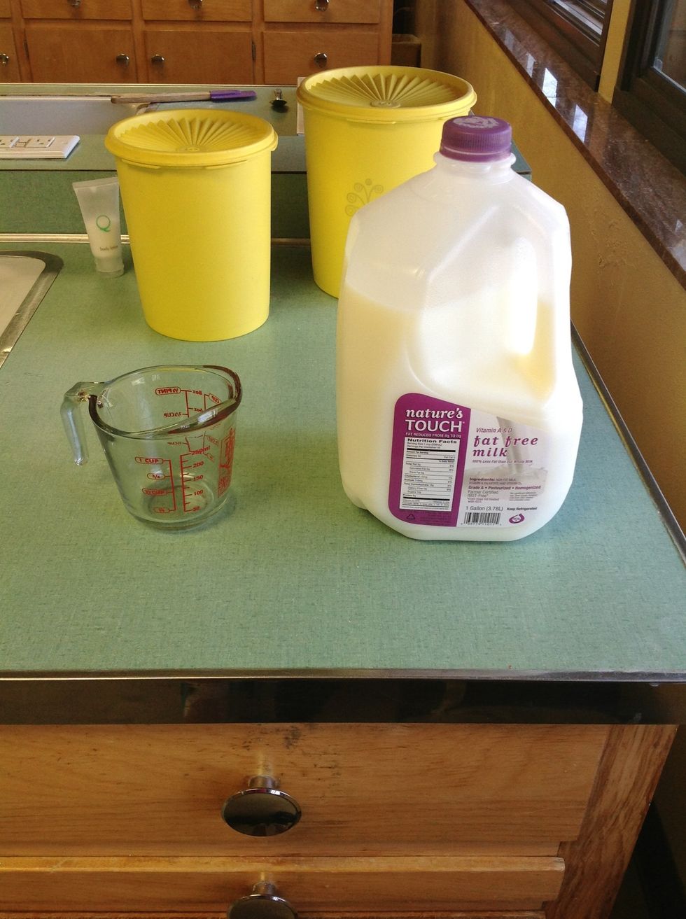 Get out your gallon of milk, doesn't matter what kind of milk. Get 3/4 cup milk.