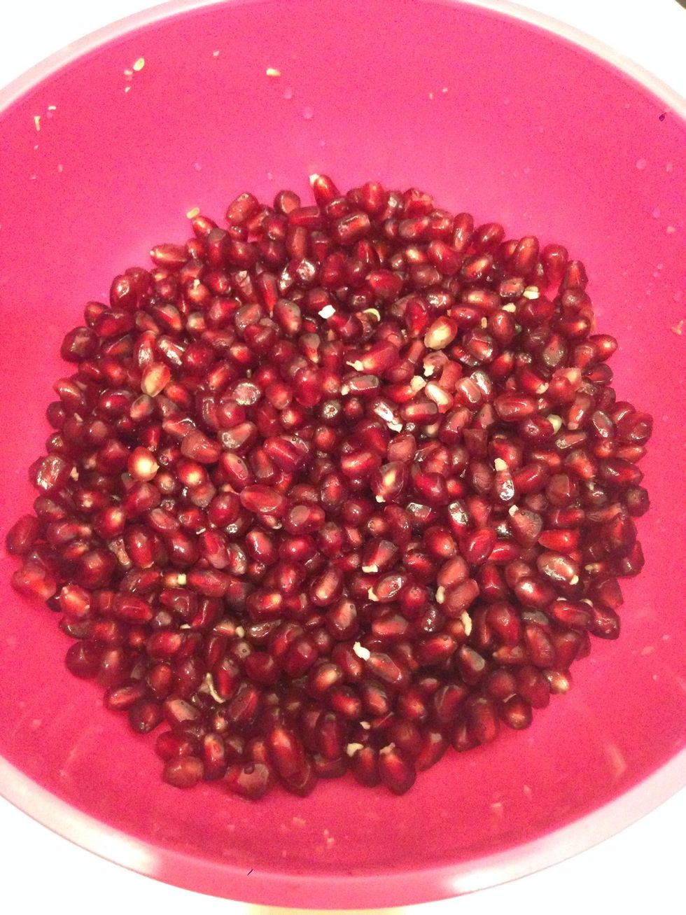 Get pomegranate seeds (check out "how to de-seed pomegranate" guides on snap guide) or buy pomegranate seeds.