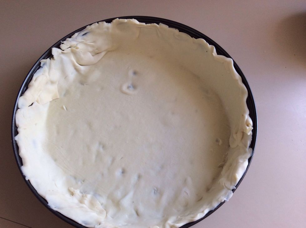 Get puff pastry and line it in a pan like so.