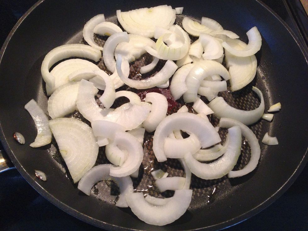 Get started on those onions. In a heated pan, drizzle some olive oil then on low cook the onion down, about 30 minutes.